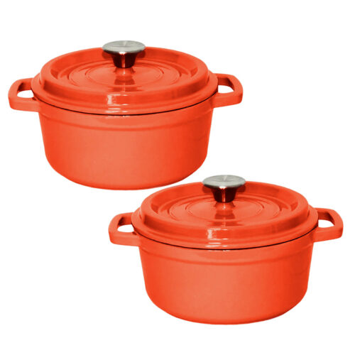 2x Cast Iron 26cm Enamel Porcelain Stewpot Casserole Stew Cooking Pot with Lid Orange
