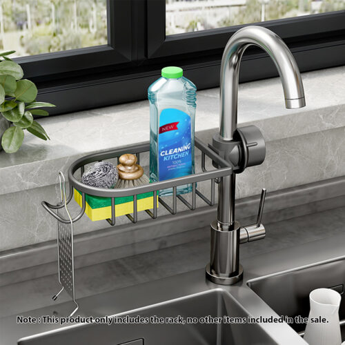 Dark Grey Single Kitchen Sink Organiser Faucet Soap Sponge Caddy Rack Storage Drainer - Image 2