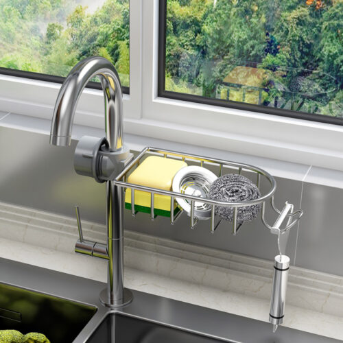 Silver Single Kitchen Sink Organiser Faucet Soap Sponge Caddy Rack Storage Drainer - Image 3