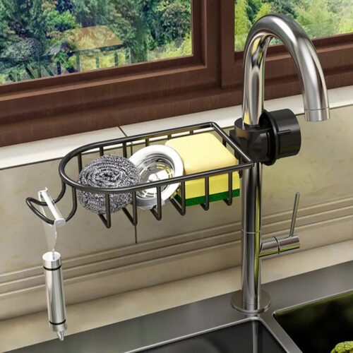 Black Single Kitchen Sink Organiser Faucet Soap Sponge Caddy Rack Storage Drainer - Image 2