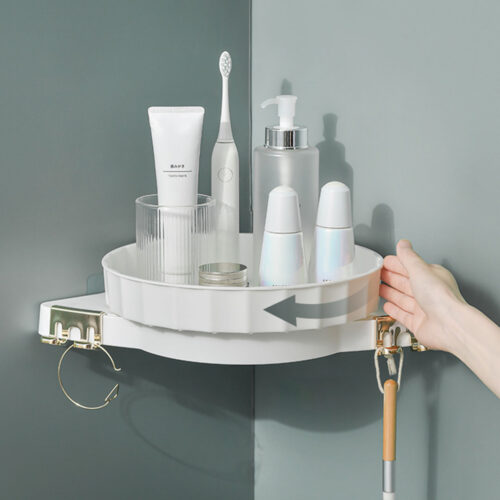White 360 Degree Wall-Mounted Rotating Bathroom Organiser Corner Vanity Rack Toilet Adhesive Storage Shelf - Image 6