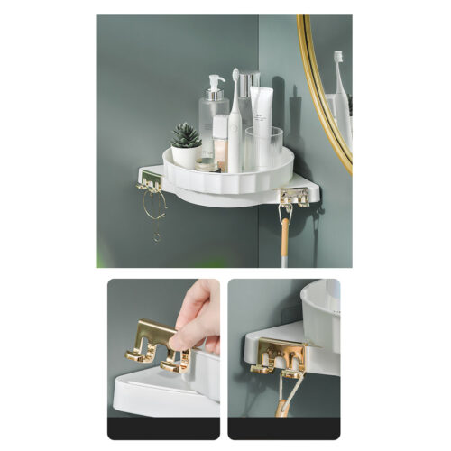 White 360 Degree Wall-Mounted Rotating Bathroom Organiser Corner Vanity Rack Toilet Adhesive Storage Shelf - Image 9