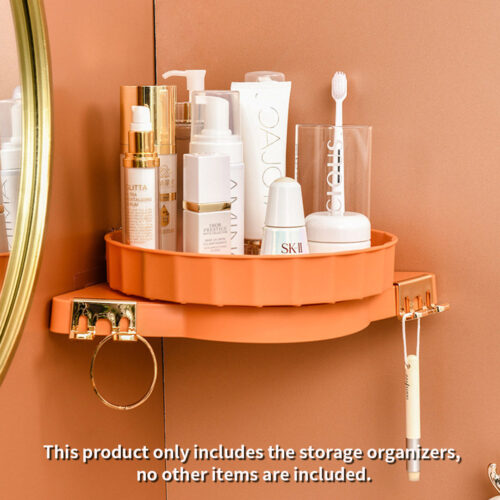 Orange 360 Degree Wall-Mounted Rotating Bathroom Organiser Corner Vanity Rack Toilet Adhesive Storage Shelf - Image 2