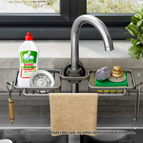 Dark Grey Kitchen Sink Organiser Faucet Soap Sponge Caddy Rack Drainer with Towel Bar Holder - Image 2