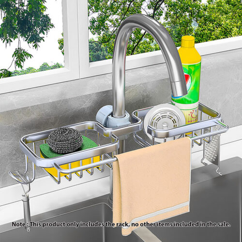 Silver Kitchen Sink Organiser Faucet Soap Sponge Caddy Rack Drainer with Towel Bar Holder - Image 2