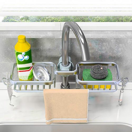Silver Kitchen Sink Organiser Faucet Soap Sponge Caddy Rack Drainer with Towel Bar Holder - Image 4