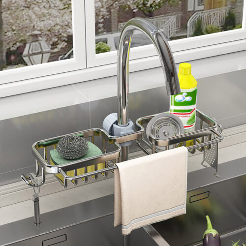 Silver Kitchen Sink Organiser Faucet Soap Sponge Caddy Rack Drainer with Towel Bar Holder - Image 5