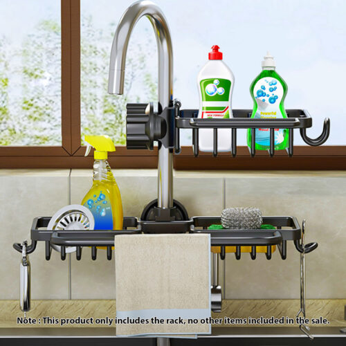 Black Kitchen Sink Organiser Faucet Soap Sponge Caddy Rack Drainer with Towel Bar Holder - Image 2