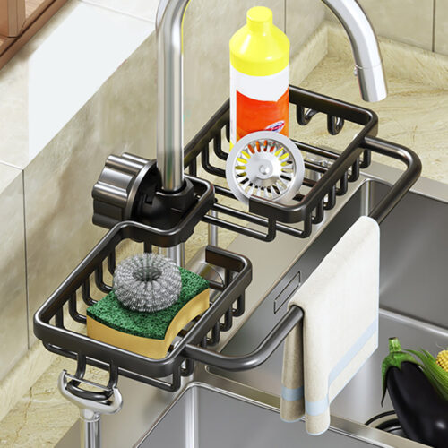 Black Kitchen Sink Organiser Faucet Soap Sponge Caddy Rack Drainer with Towel Bar Holder - Image 4