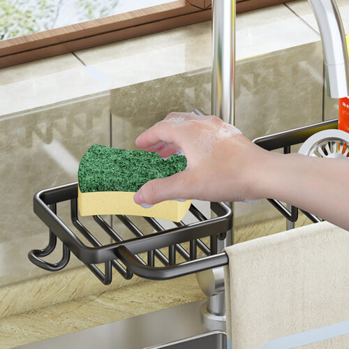 Black Kitchen Sink Organiser Faucet Soap Sponge Caddy Rack Drainer with Towel Bar Holder - Image 5