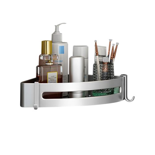 Silver Wall-Mounted Bathroom Storage Corner Vanity Organiser Shelf Rack with Hooks