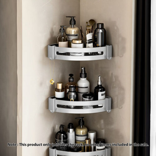 Silver Wall-Mounted Bathroom Storage Corner Vanity Organiser Shelf Rack with Hooks - Image 2