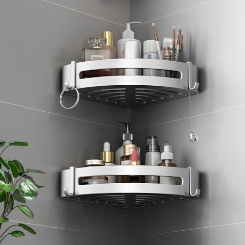 Silver Wall-Mounted Bathroom Storage Corner Vanity Organiser Shelf Rack with Hooks - Image 3