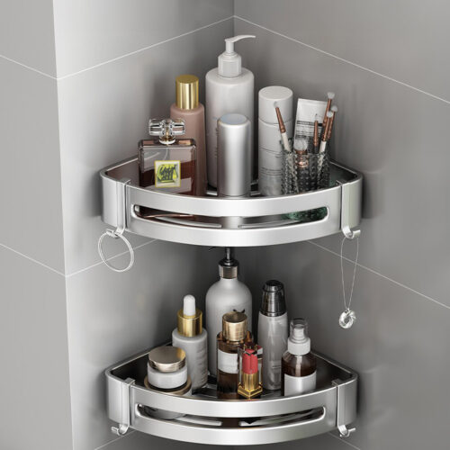 Silver Wall-Mounted Bathroom Storage Corner Vanity Organiser Shelf Rack with Hooks - Image 4