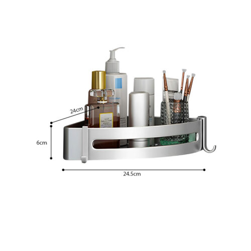 Silver Wall-Mounted Bathroom Storage Corner Vanity Organiser Shelf Rack with Hooks - Image 6
