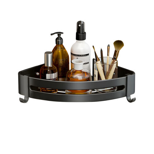 Black Wall-Mounted Bathroom Storage Corner Vanity Organiser Shelf Rack with Hooks