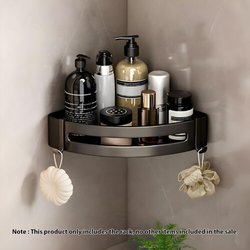 Black Wall-Mounted Bathroom Storage Corner Vanity Organiser Shelf Rack with Hooks - Image 2