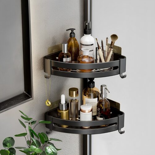 Black Wall-Mounted Bathroom Storage Corner Vanity Organiser Shelf Rack with Hooks - Image 3