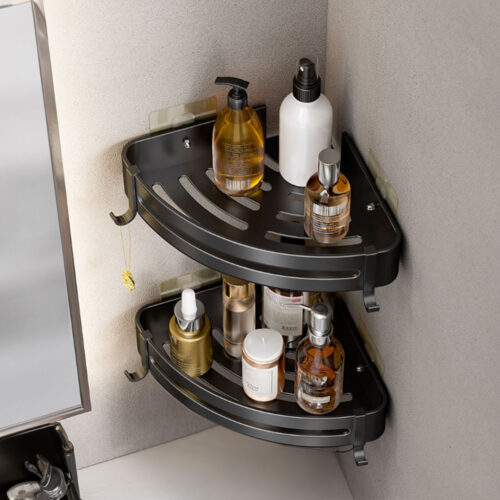 Black Wall-Mounted Bathroom Storage Corner Vanity Organiser Shelf Rack with Hooks - Image 4