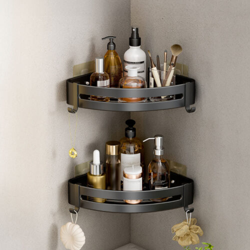 Black Wall-Mounted Bathroom Storage Corner Vanity Organiser Shelf Rack with Hooks - Image 6