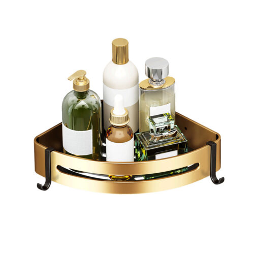 Gold Wall-Mounted Bathroom Storage Corner Vanity Organiser Shelf Rack with Hooks