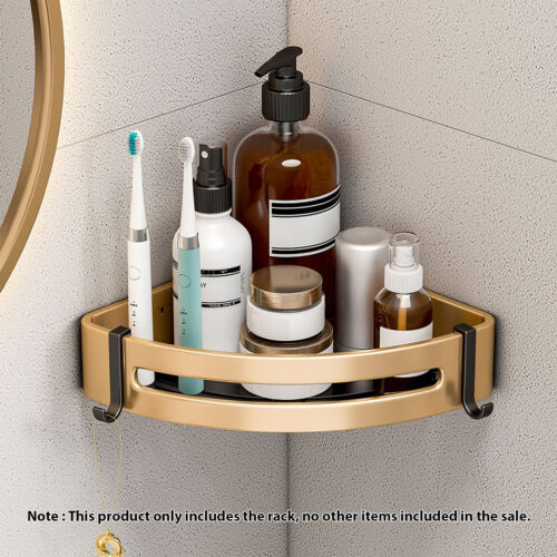 Gold Wall-Mounted Bathroom Storage Corner Vanity Organiser Shelf Rack with Hooks - Image 2