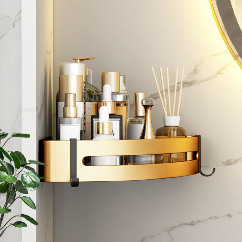 Gold Wall-Mounted Bathroom Storage Corner Vanity Organiser Shelf Rack with Hooks - Image 3