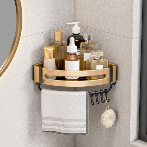 Gold Wall-Mounted Bathroom Storage Corner Vanity Organiser Shelf Rack with Hooks - Image 4