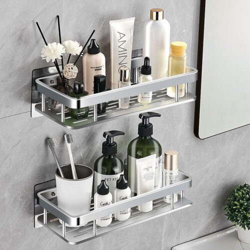 Silver Wall-Mounted Bathroom Storage Organiser Shelf Rack - Image 3
