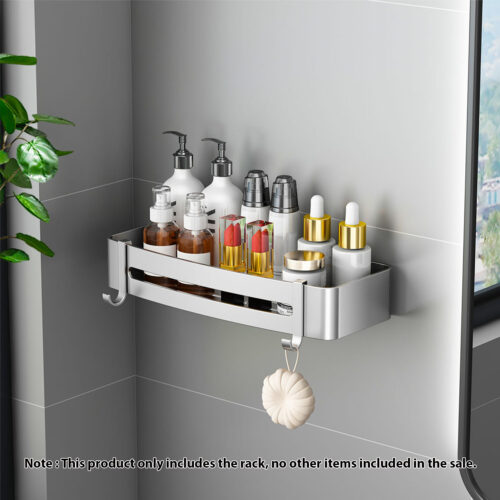 Silver Wall-Mounted Bathroom Storage Organiser Shelf Rack with Hooks - Image 2