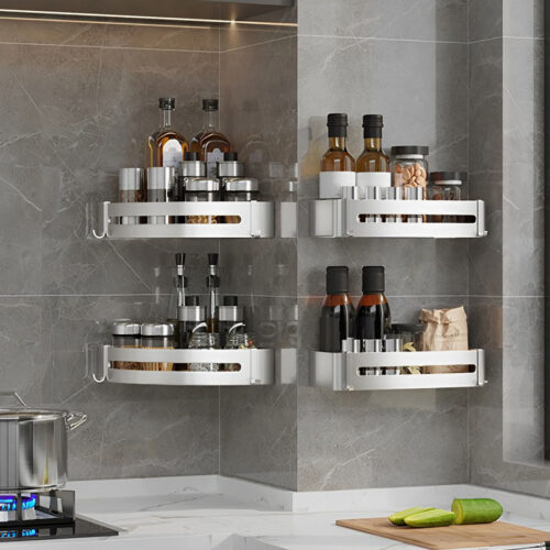Silver Wall-Mounted Bathroom Storage Organiser Shelf Rack with Hooks - Image 7