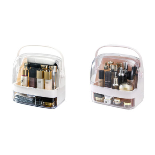 2 Tier White Countertop Makeup Cosmetic Storage Organiser Holder Jewelry Storage Box with Handle - Image 4