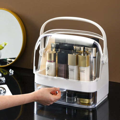 2 Tier White Countertop Makeup Cosmetic Storage Organiser Holder Jewelry Storage Box with Handle - Image 6