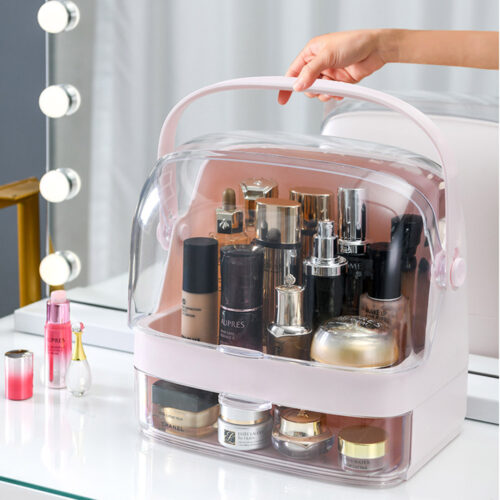 2 Tier Pink Countertop Makeup Cosmetic Storage Organiser Holder Jewelry Storage Box with Handle - Image 8