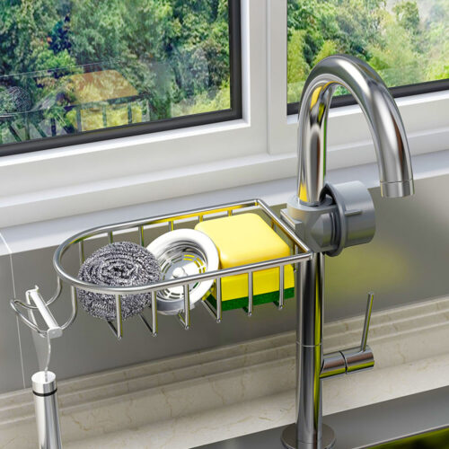 2x Silver Single Kitchen Sink Organiser Faucet Soap Sponge Caddy Rack Storage Drainer - Image 2