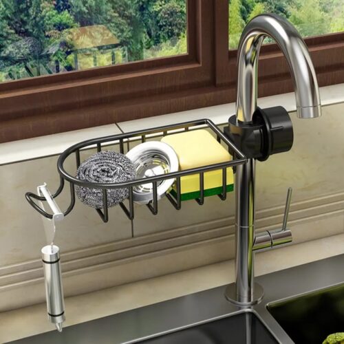 2x Black Single Kitchen Sink Organiser Faucet Soap Sponge Caddy Rack Storage Drainer - Image 2