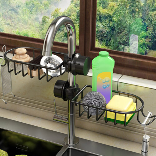 2x Black Single Kitchen Sink Organiser Faucet Soap Sponge Caddy Rack Storage Drainer - Image 3