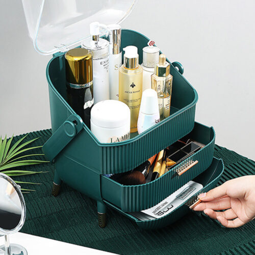 29cm Green Countertop Makeup Cosmetic Storage Organiser Holder Jewelry Storage Box with Handle - Image 2