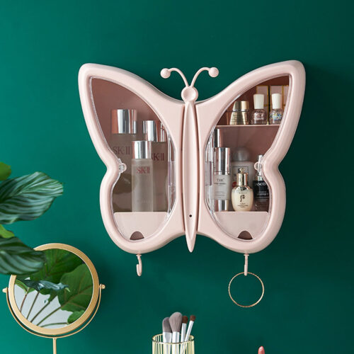 Pink Butterfly Shape Wall-Mounted Makeup Organiser Dustproof Waterproof Bathroom Storage Box - Image 2