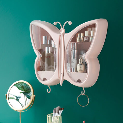Pink Butterfly Shape Wall-Mounted Makeup Organiser Dustproof Waterproof Bathroom Storage Box - Image 3