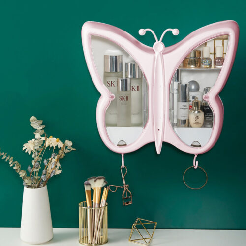 Pink Butterfly Shape Wall-Mounted Makeup Organiser Dustproof Waterproof Bathroom Storage Box - Image 4