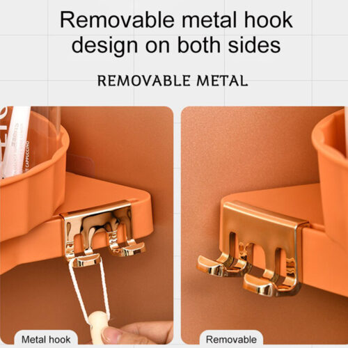 2x Orange 360 Degree Wall-Mounted Rotating Bathroom Organiser Corner Vanity Rack Toilet Adhesive Storage Shelf - Image 9