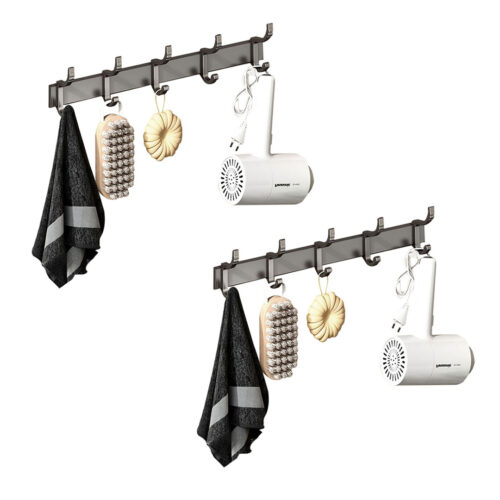2x 37cm Wall Mounted Towel Rack Space-Saving Hanger Organiser with Durable Hooks