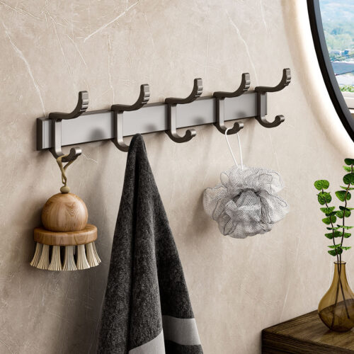 2x 37cm Wall Mounted Towel Rack Space-Saving Hanger Organiser with Durable Hooks - Image 3