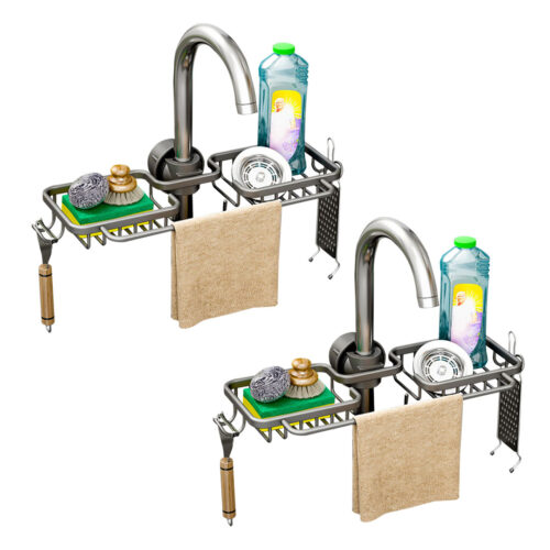 2xDark Grey Kitchen Sink Organiser Faucet Soap Sponge Caddy Rack Drainer with Towel Bar Holder