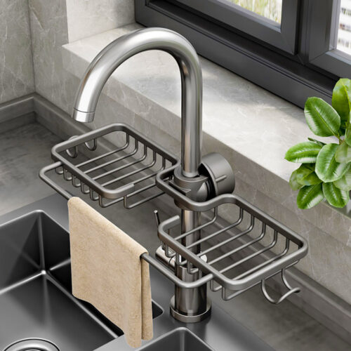 2xDark Grey Kitchen Sink Organiser Faucet Soap Sponge Caddy Rack Drainer with Towel Bar Holder - Image 3