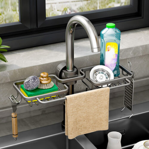 2xDark Grey Kitchen Sink Organiser Faucet Soap Sponge Caddy Rack Drainer with Towel Bar Holder - Image 4