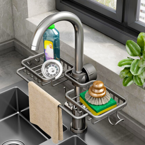 2xDark Grey Kitchen Sink Organiser Faucet Soap Sponge Caddy Rack Drainer with Towel Bar Holder - Image 5