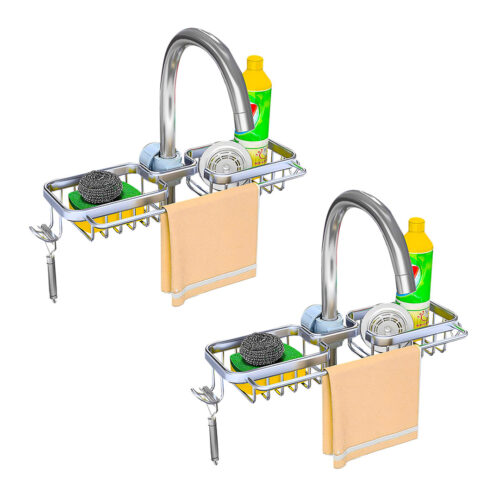 2x Silver Kitchen Sink Organiser Faucet Soap Sponge Caddy Rack Drainer with Towel Bar Holder