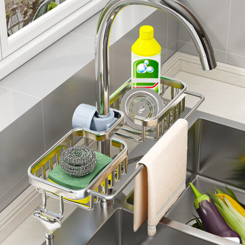 2x Silver Kitchen Sink Organiser Faucet Soap Sponge Caddy Rack Drainer with Towel Bar Holder - Image 3